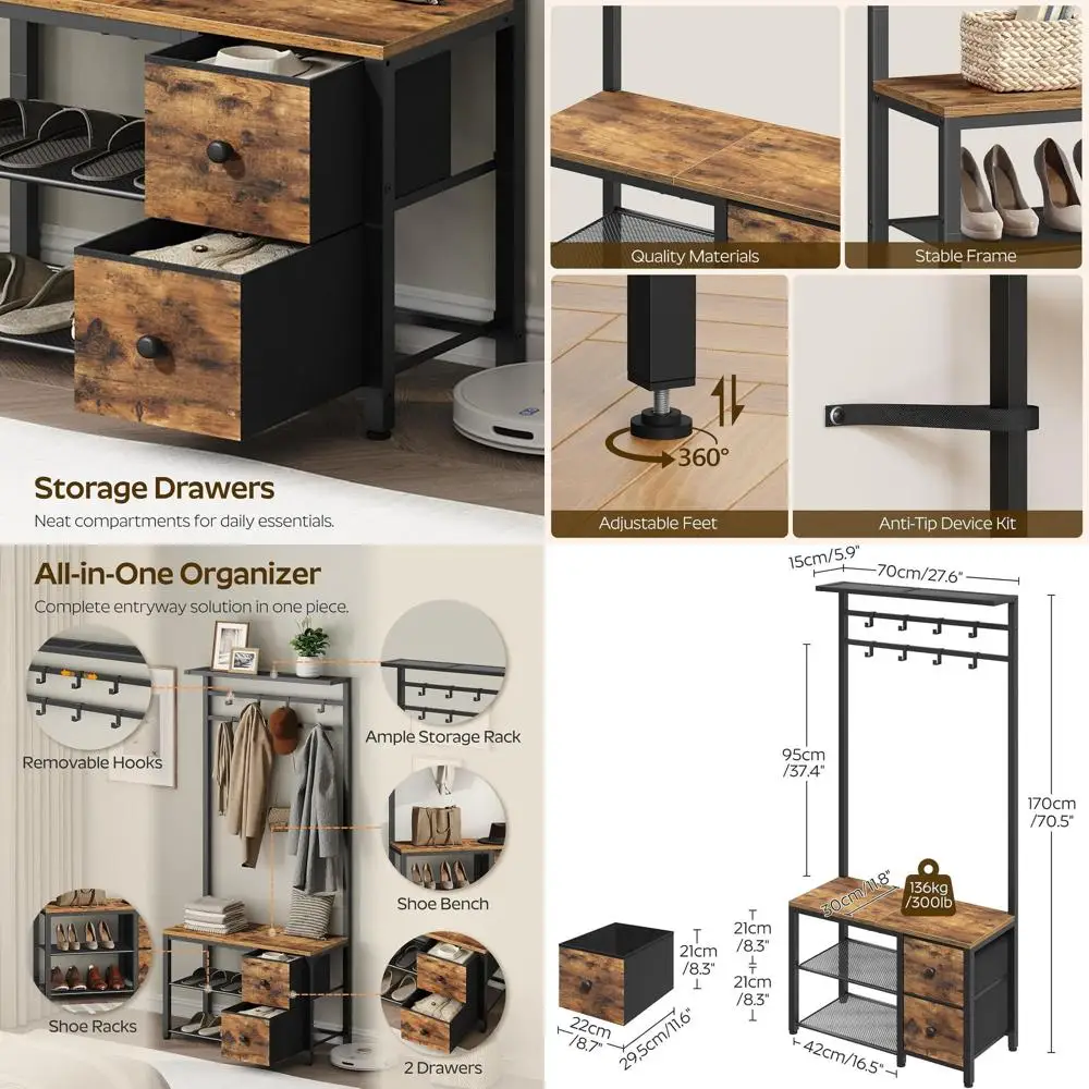 

5-in-1 Entryway Bench with Adjustable Coat Rack, Shoe Storage, and Rustic Brown/Black Finish