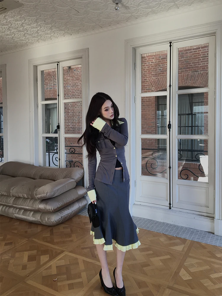 

HYTEMOLY Color Block Long Sleeve Open Cardigan And High Waist Skirt Two Piece Set with 3D Bag Design Fashionable Spring ...