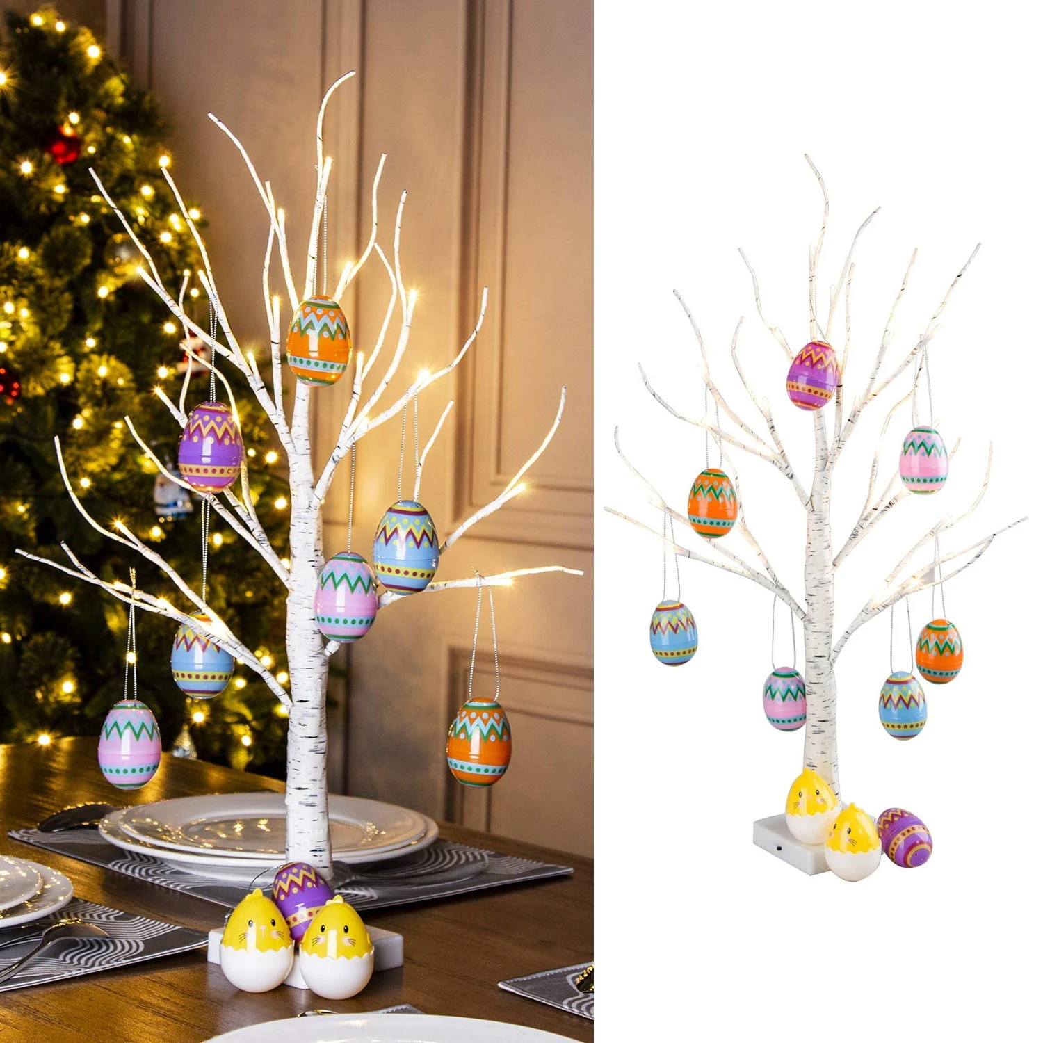 60cm Easter Birch Tree with Led Light Decoration Easter Eggs Hanging Ornaments Happy Easter Party Tabletop Tree Decor Kids Gifts