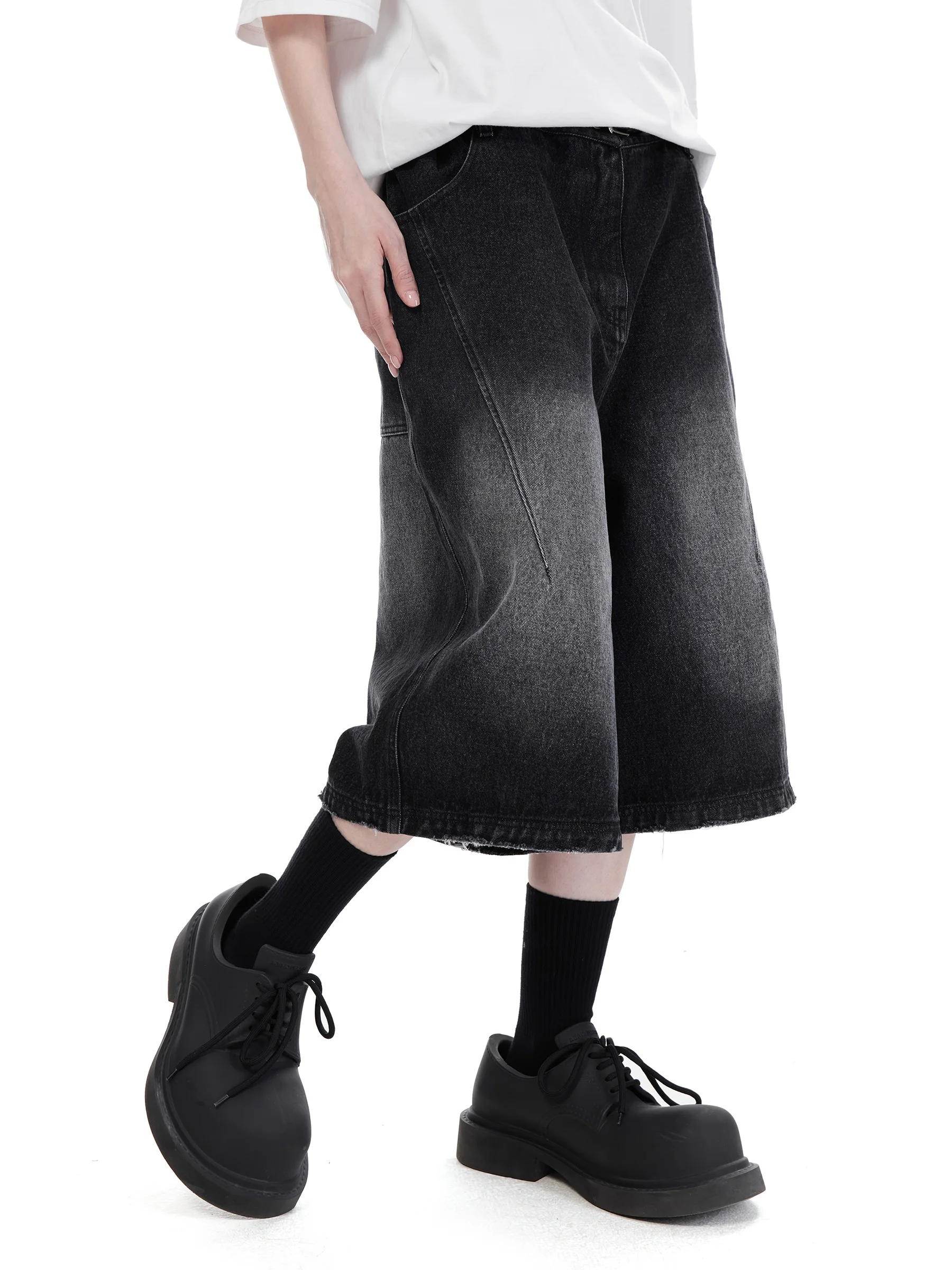 

American High Street Washed Black Workwear Denim Shorts Japanese Retro Wide Leg Straight Cut Seven-Five Pants Casual Jeans