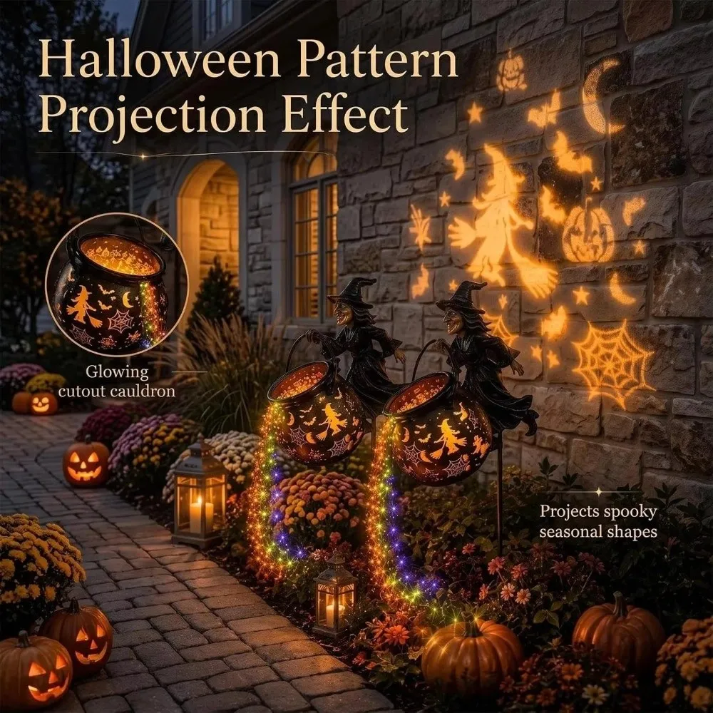 LED Halloween Witch Cauldron Garden Light Carved Cutouts Shadow Projection Witch Cauldron Light Lawn Walkway Lighting