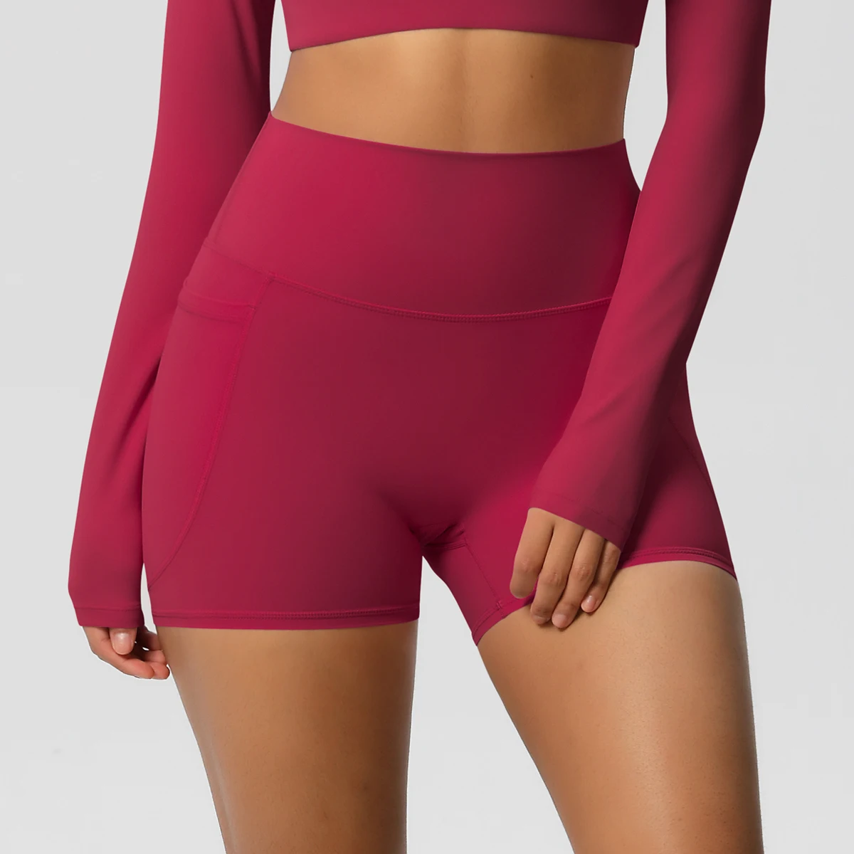 Einfarbige Yogahose mit Taschen, schnell trocknend, hohe Taille, für Fitnessstudio, Push-Up-Yoga-Shorts für Damen, atmungsaktiv, Workout, Fitness, kurz – Detail 39