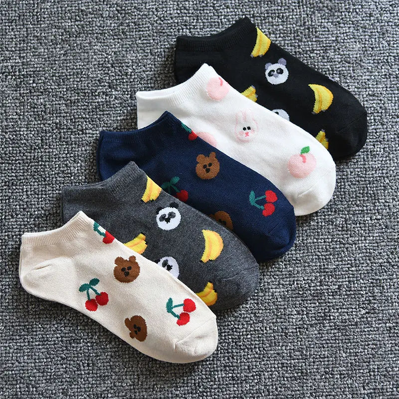 

1/5 Pairs New Low Cut Spring and Summer Short Tube Cartoon Fruit Bear Boat Socks Casual Versatile and Fashionable Women's Socks
