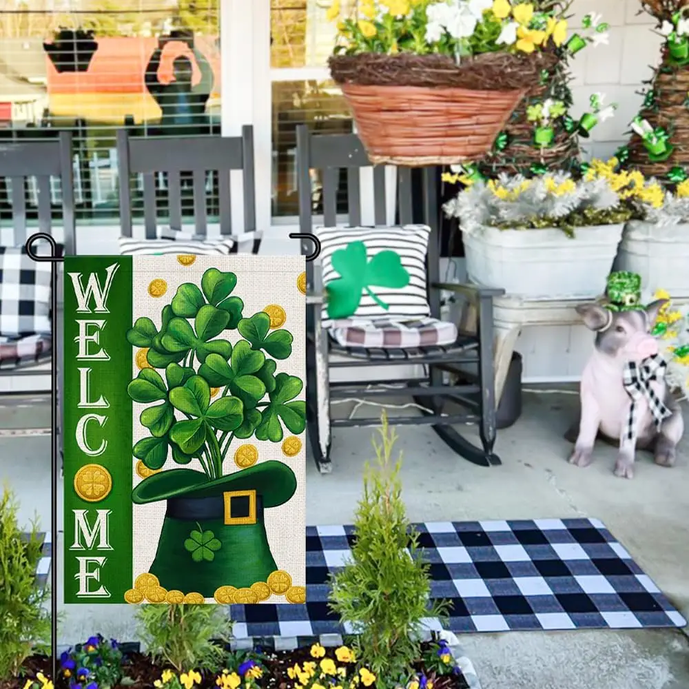 Welcome St Patricks Day Garden Flags Burlap 12x18 Double Sided, Green Hat Lucky Shamrocks Gold Coin Holiday Party Sign Small EEZ