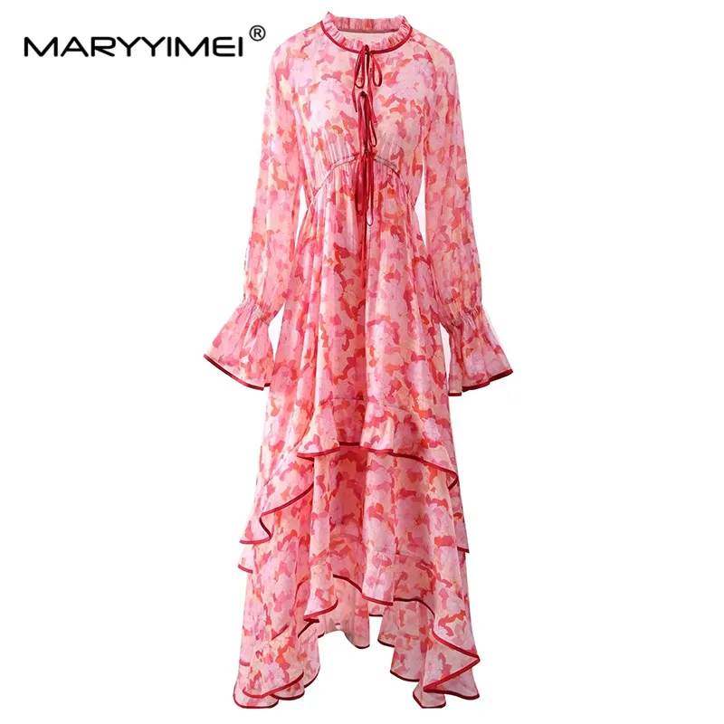 

MARYYIMEI Fashion Designer spring Summer Women's O-Neck Flare Sleeve Lace-UP Flounced Edge Printed Big Swing Dresses