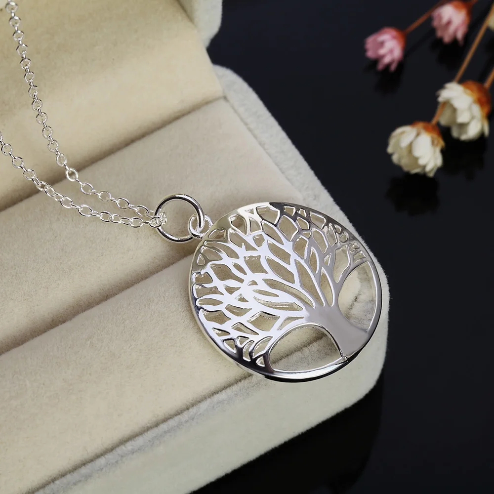 925 Silver Jewelry Fashion Hollow Tree of Life Round Pendant Girl Necklace as a Gift for Best Friend's Birthday and Holiday