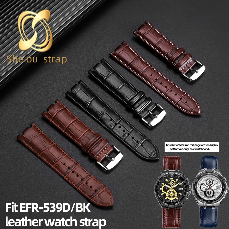 24mm Double Notch Cowhide Watch Strap For Casio EFR-539D/EFR-539BK Watch Band With Motorsport Men's Accessories