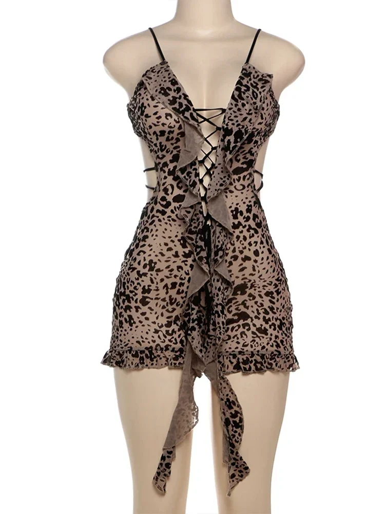 CPSYMYM  Sexy Summer Romper Women Flocking Leopard Print Backless V-Neck Tassel Coquette Thin Midnight Party Workout Playsuits