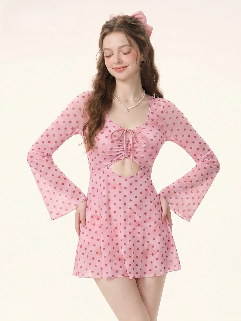 2026 New Polka Dot Sweet Style Slimming  Thermal Beach Vacation Swimsuit Women's Casual Swimwear Long Sleeve Skirt
