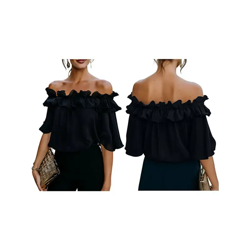 

NEW-Women's Off Shoulder Ruffle Trendy Short Sleeve Blouse Casual Outfits Layered Tops