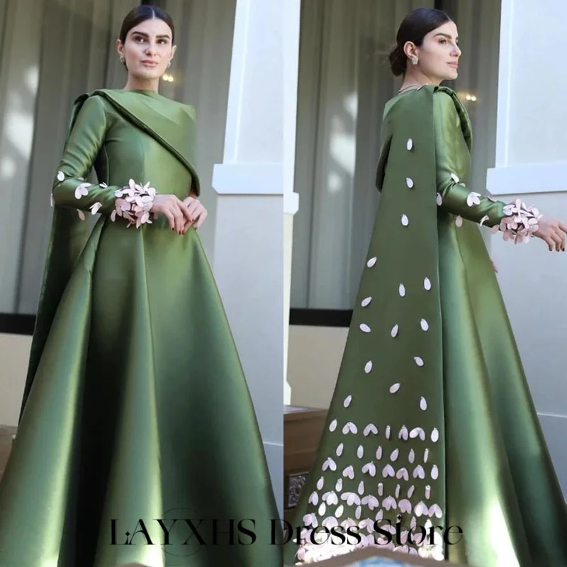LAYXHS Sukienki Wieczorowe w Temperamentnym Zielonym Kolorze, Jedno Ramię, Długie Rękawy, Aplikacje, Linia A, Plisy, Formalne Sukienki na Bal Maturalny, Szyte na Miarę