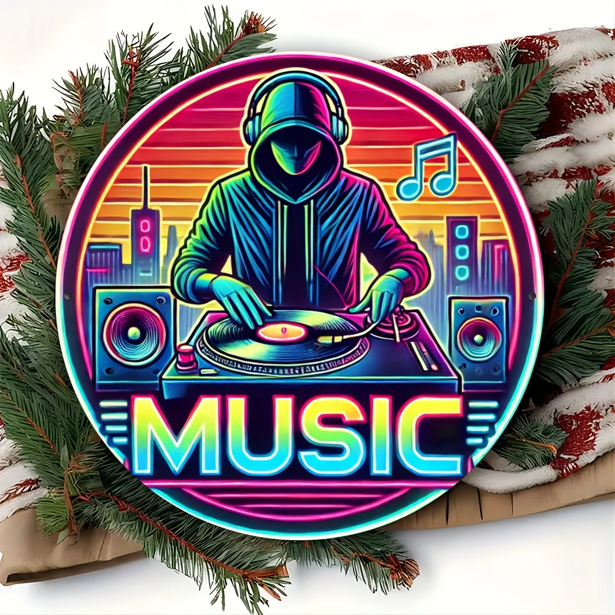 2D Flat, 1pc neon style aluminum circular decorative plaque, a fun DJ booth, rustic multi-purpose home decoration signs, wall an