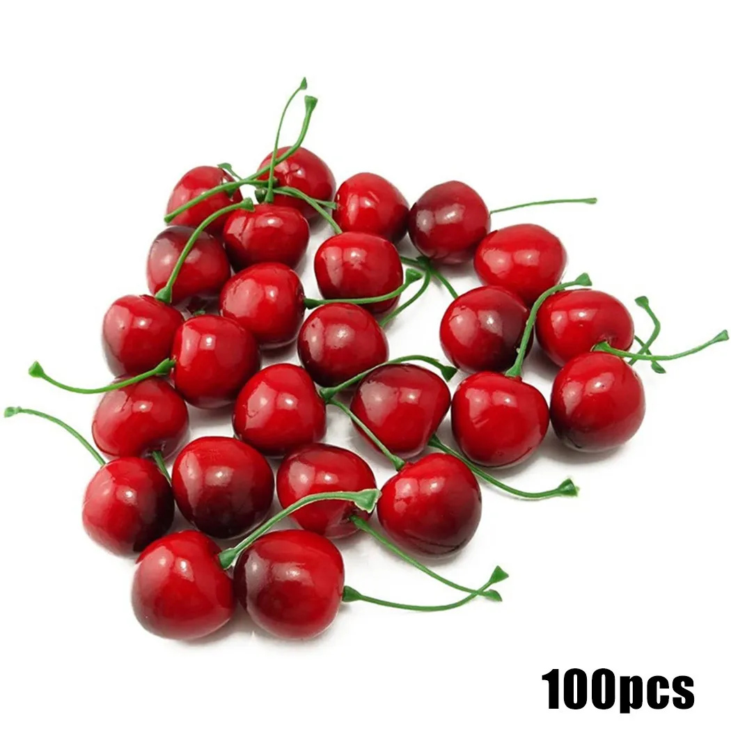 

100pcs Artificial Plastic Cherry Fruit Fake Display Cherries Simulation Fruit Model Kitchen Home Foods Decor Photography Prop