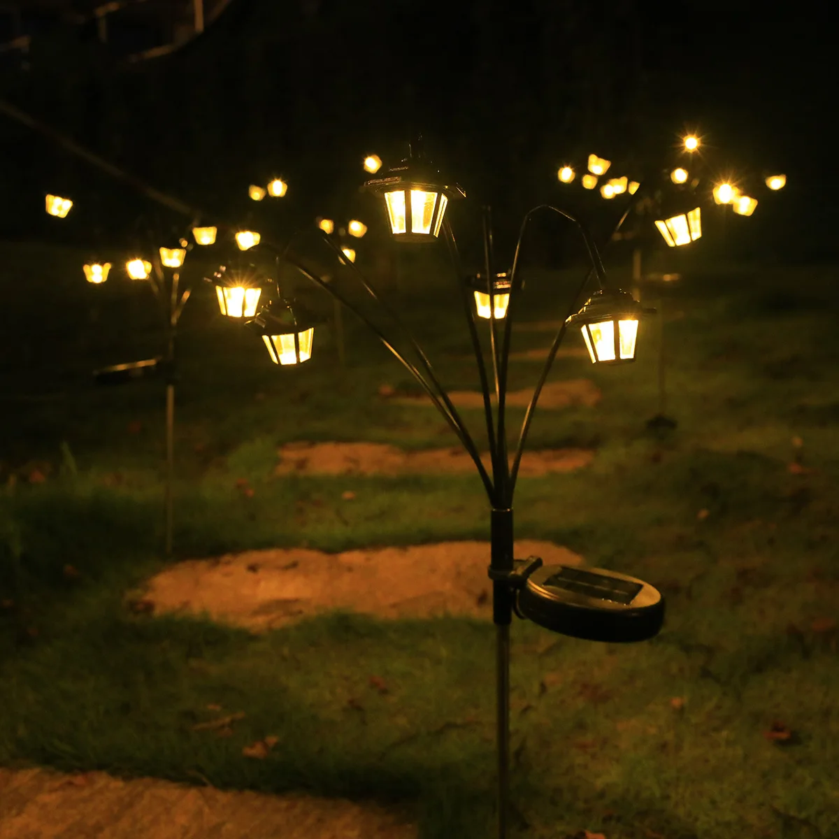 1 قطعة مستشعر ضوء جديد يعمل بالطاقة الشمسية مصباح قصر صغير، 6 طراز LED دافئ عتيق، مصباح حديقة أرضي خارجي، إضاءة مسار حديقة رمضان