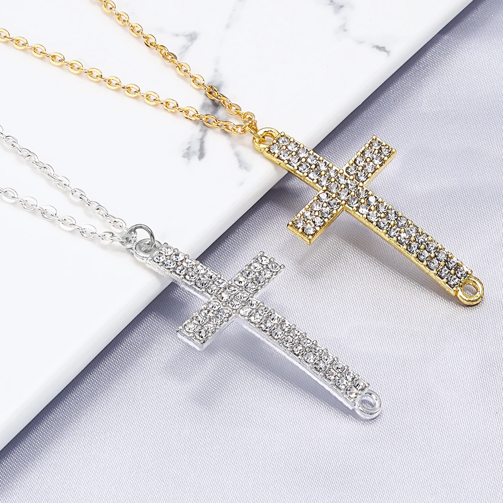 SAUVOO Alloy 22x47mm Cross Inlaid Rhinestone Exquisite Shiny Crystal Jesus Cross Necklace Pendants Religious Jewelry Accessories