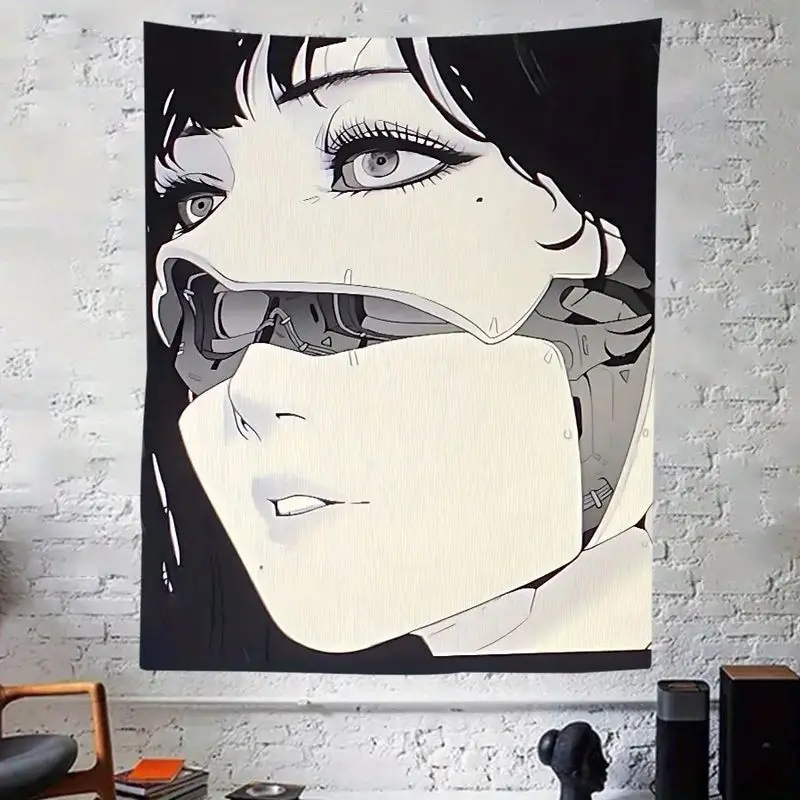 VIKAMA Cyberpunk Anime Girl Tapestry, Mechanical Mask Manga Wall Hanging, Aesthetic Dorm Esports Room Decor