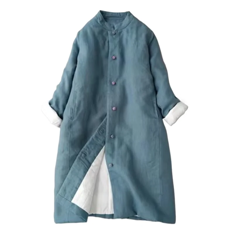 Novo estilo chinês casaco longo de algodão feminino gola alta fivela outono inverno comprimento médio quente linho acolchoado jaqueta