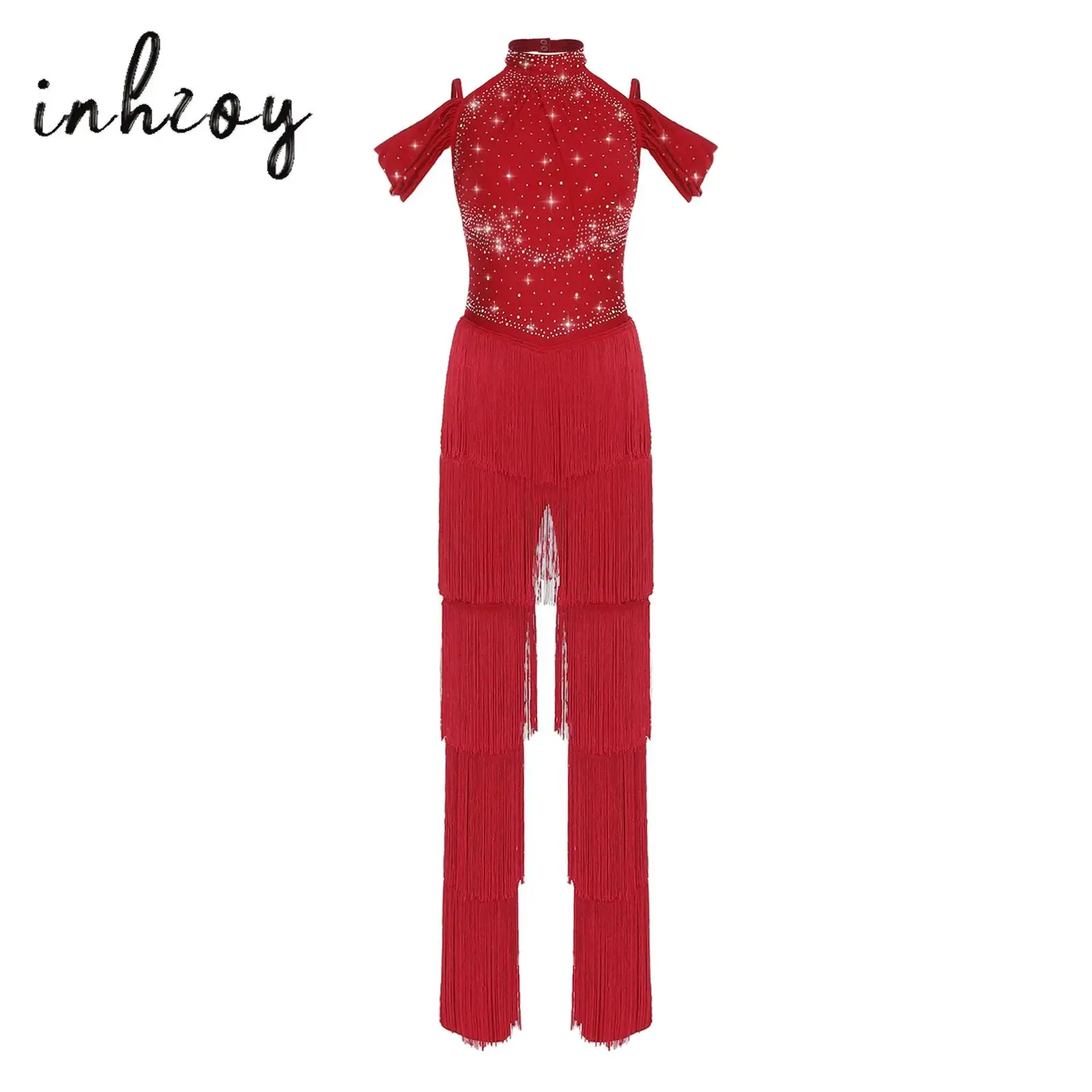 

Womens Latin Samba Dance Rompers Rhinestones Tiered Tassel Halter Off Shoulder One Piece Jumpsuit for Rumba Ballroom Dance Party