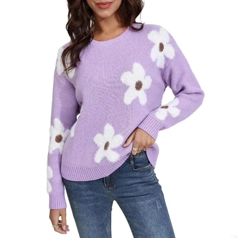

Y3NE Women's Floral Pattern Round Neck Long Sleeve Casual Loose Knit Sweater