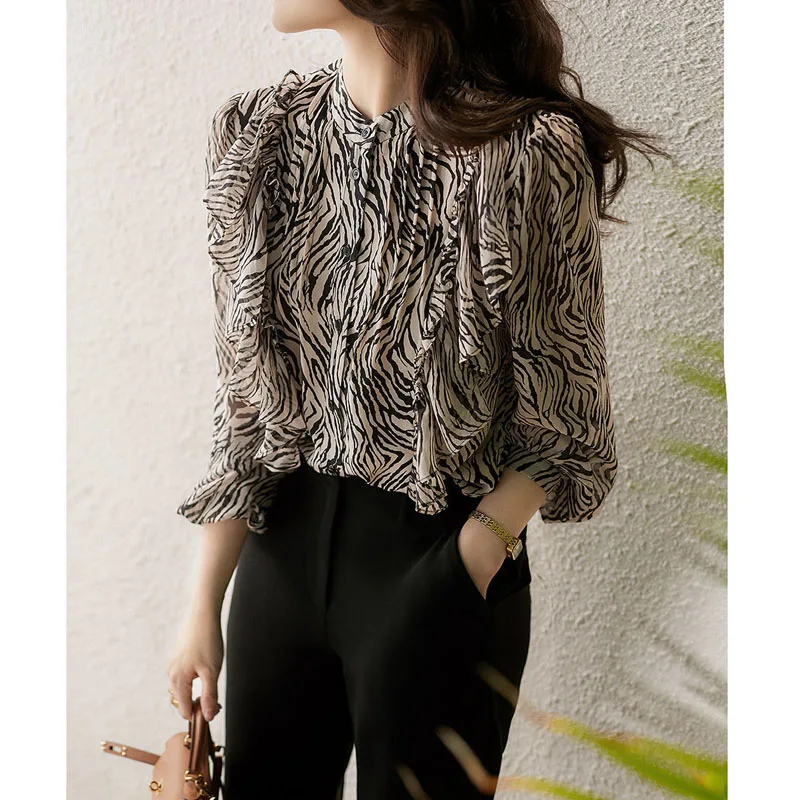 Vintage Elegante O-hals Zebra Strepen Blouses Mode Ruches Losse Lange Mouw Knop Afdrukken Shirt 2022 Lente Zomer Vrouwen