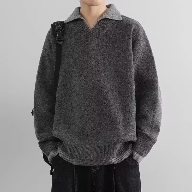 

Мужской вязаный свитер-обманка (имитация двойки) в корейском стиле, плотный, с мягким воротником, осенне-зимняя верхняя одежда, дизайн с цветовыми блоками