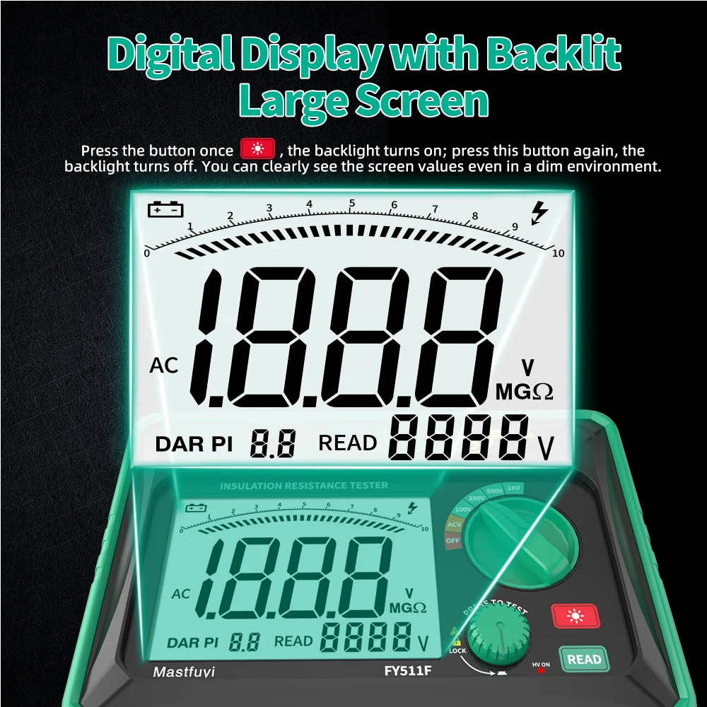 MASTFUYI FY511F Alat Uji Resistensi Isolasi Multimeter Digital Megohmmeter Tegangan Tinggi untuk Pengujian Resistensi Tanah