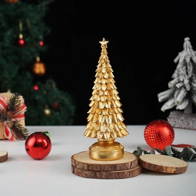 

20cm Resin Christmas Tree Ornament - Gold/Green/Silver Figurine, Desk Mantel Decor for Home Office Living Room Holiday Decors