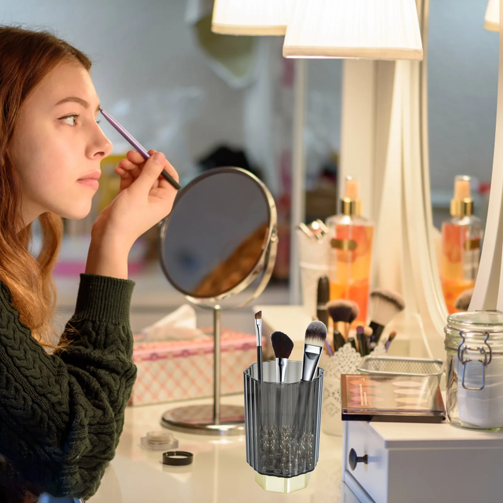 

Makeup Brush Holder Gold Rim Glass Pen Cup Storage Organizer Large Capacity Makeup Brush Cup Lipstick Pencil Holder