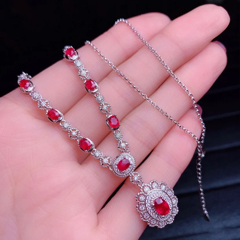 

925 Silver Nutural Full Diamond Ruby Pendant Necklace Luxury Women's High Jewelry Romantic Valentine's Day Gift Set with Diamond