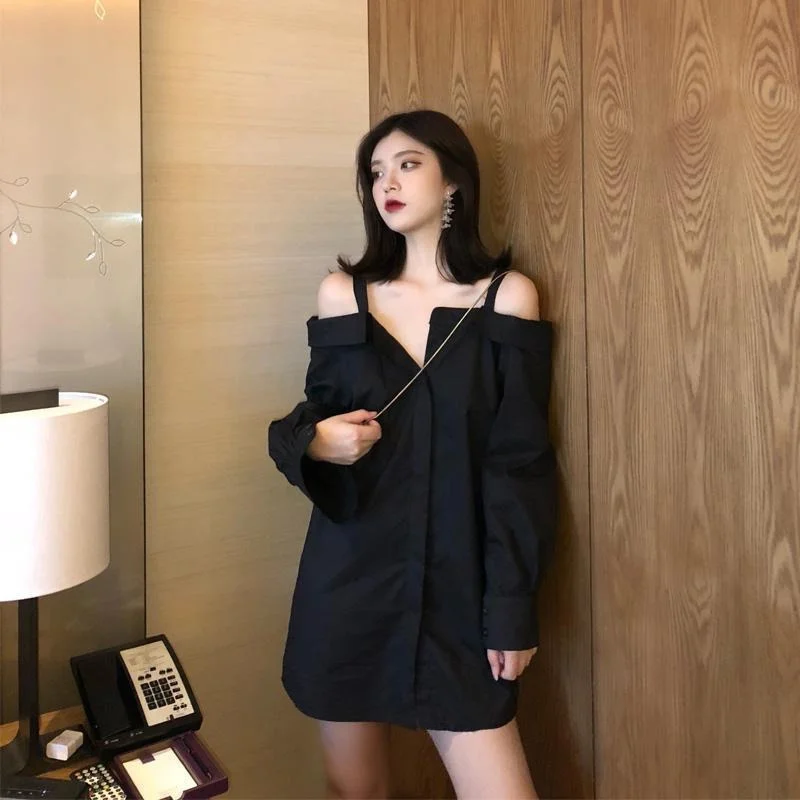 

plus Size Women's Sexy Shoulder Bared Shirt Dress Autumn Loose One Shoulder Black Dress Korean Style Long Sleeve Button ...