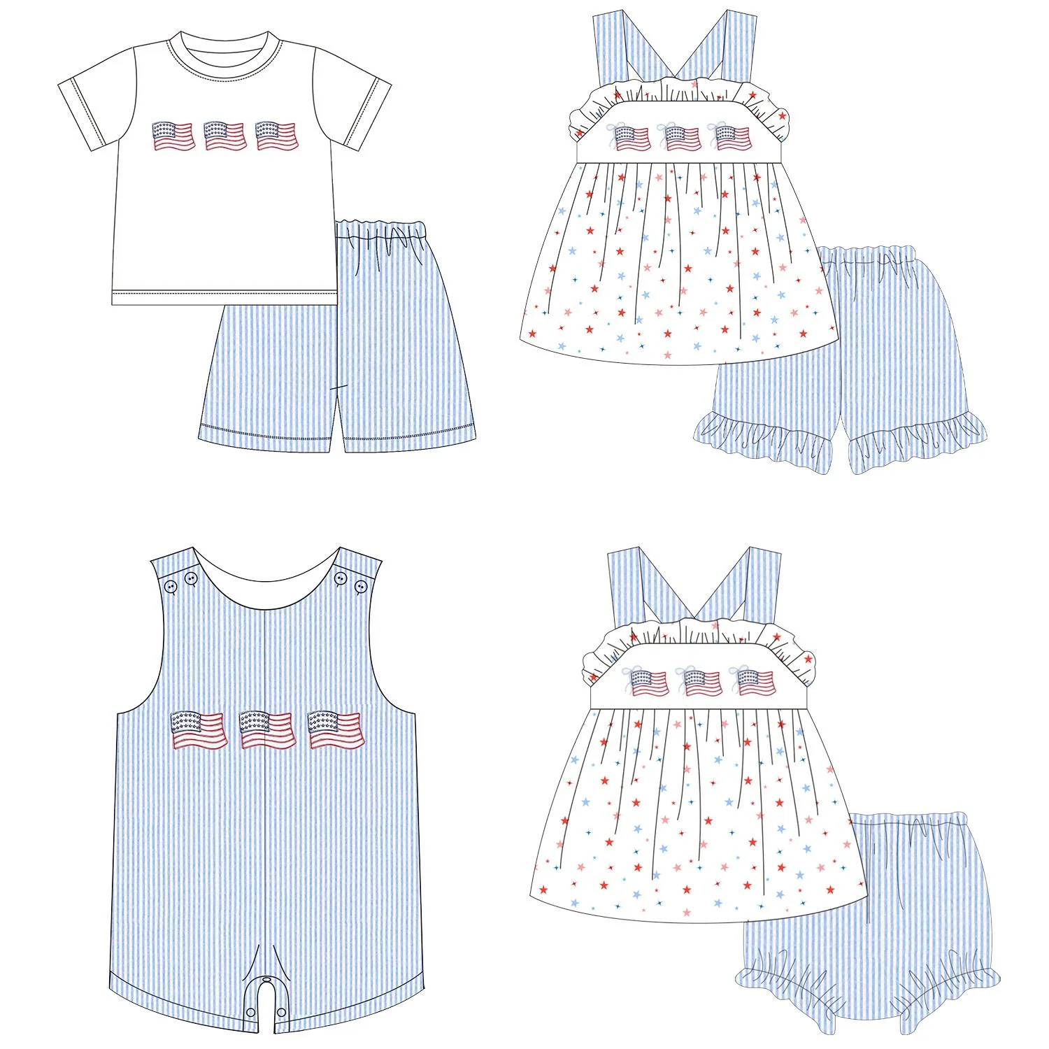 July 4th Independence Day Flag Print White Short-Sleeve Shirt and Blue Striped Shorts  Boys and Girls Summer Boutique Set and Ro