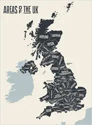 GB UK Map of Great Britain Areas Print Canvas Poster, Living Room Decor, Home Wall Picture