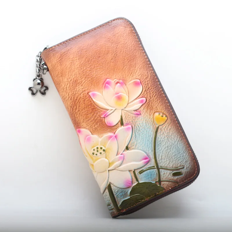 Floral Real Cow Leather Purse Female Vintage Genuine Leather Woman Wallet Long Chinese Lotus Pattern Clutch Bag