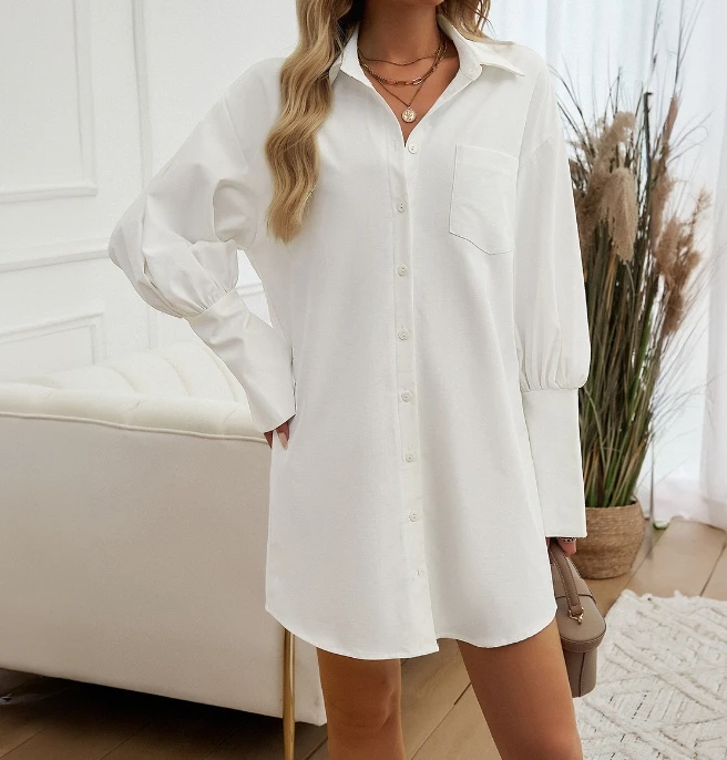 

Women's Shirt Dress Temperament Commuting Fashion Basic Solid Turn-down Collar Button Long Sleeve Straight Loose Mini Dress