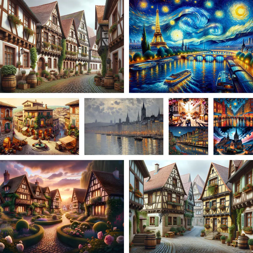 Landscape City Night Pre-Printed Cross-Stitch Patterns Embroidery Painting Knitting Handiwork Handmade Floss Stamped Room Decor