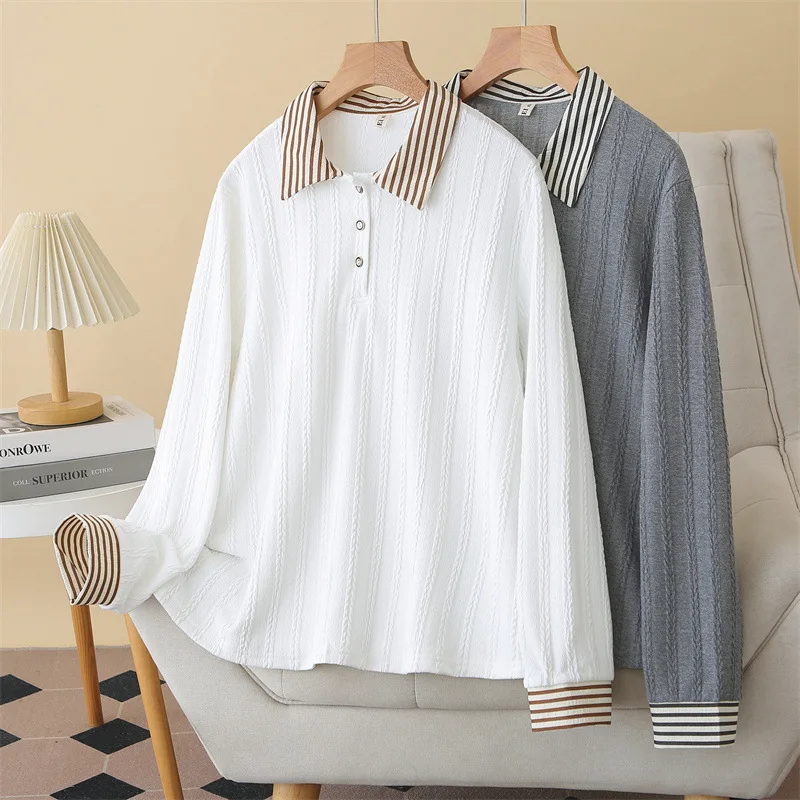 

XXXXL Fashion Plus Size Woman Clothing T-Shirt Spring 2026 Lapel Long Sleeved Pullover Versatile Jacquard Casual Tops 073