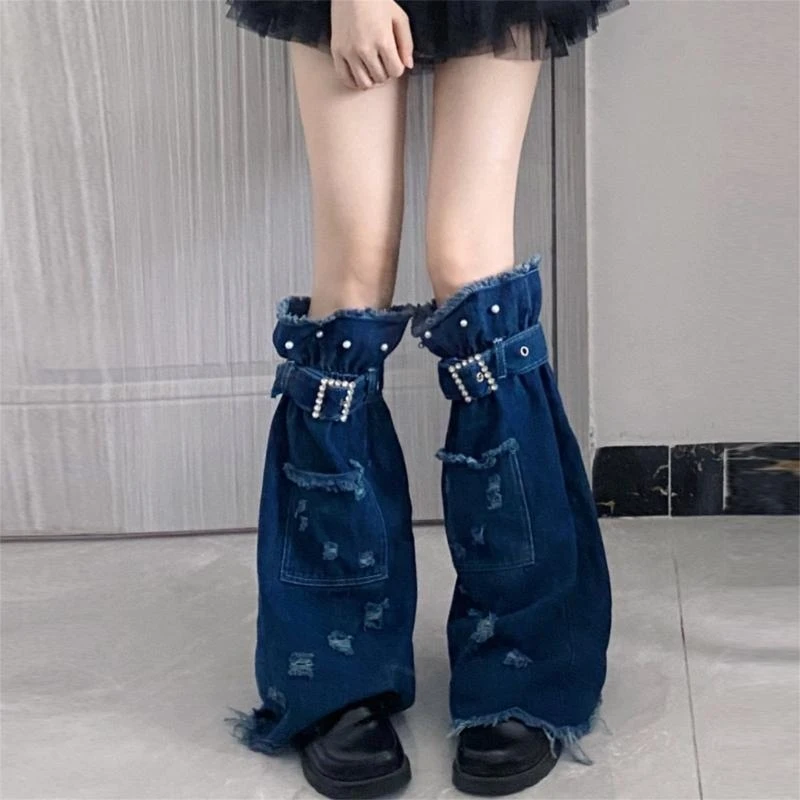 Pearls Denims Leg Warmers for Women Punk Rhinestones Buckled Jeans Leg Cover Socks Boot Cuffs with Pocket Streetwear 15UB