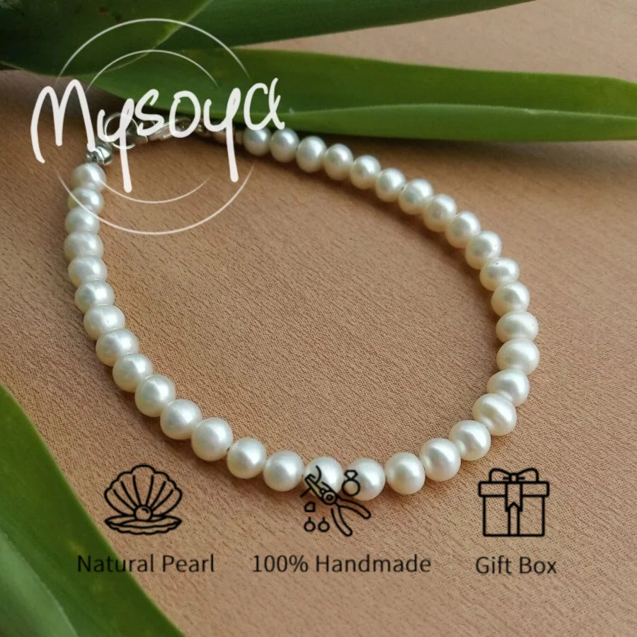 

MYSOYA 4-5mm Natural White Freshwater Rice Baroque Pearl Bracelet For Women Men With Gift Box, Perfect Birthday Wedding Gift