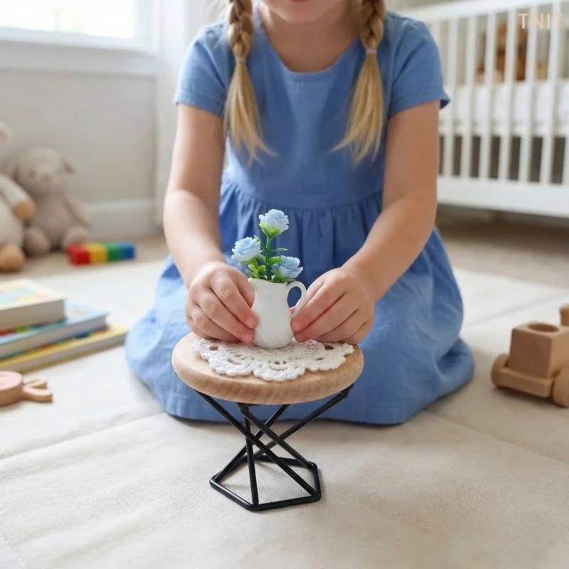 

[JN] 1/12 Dollhouse Mini Round Coffee Table Vase Model Set Dollhouse Living Room Furniture Ornaments Doll House Accessories