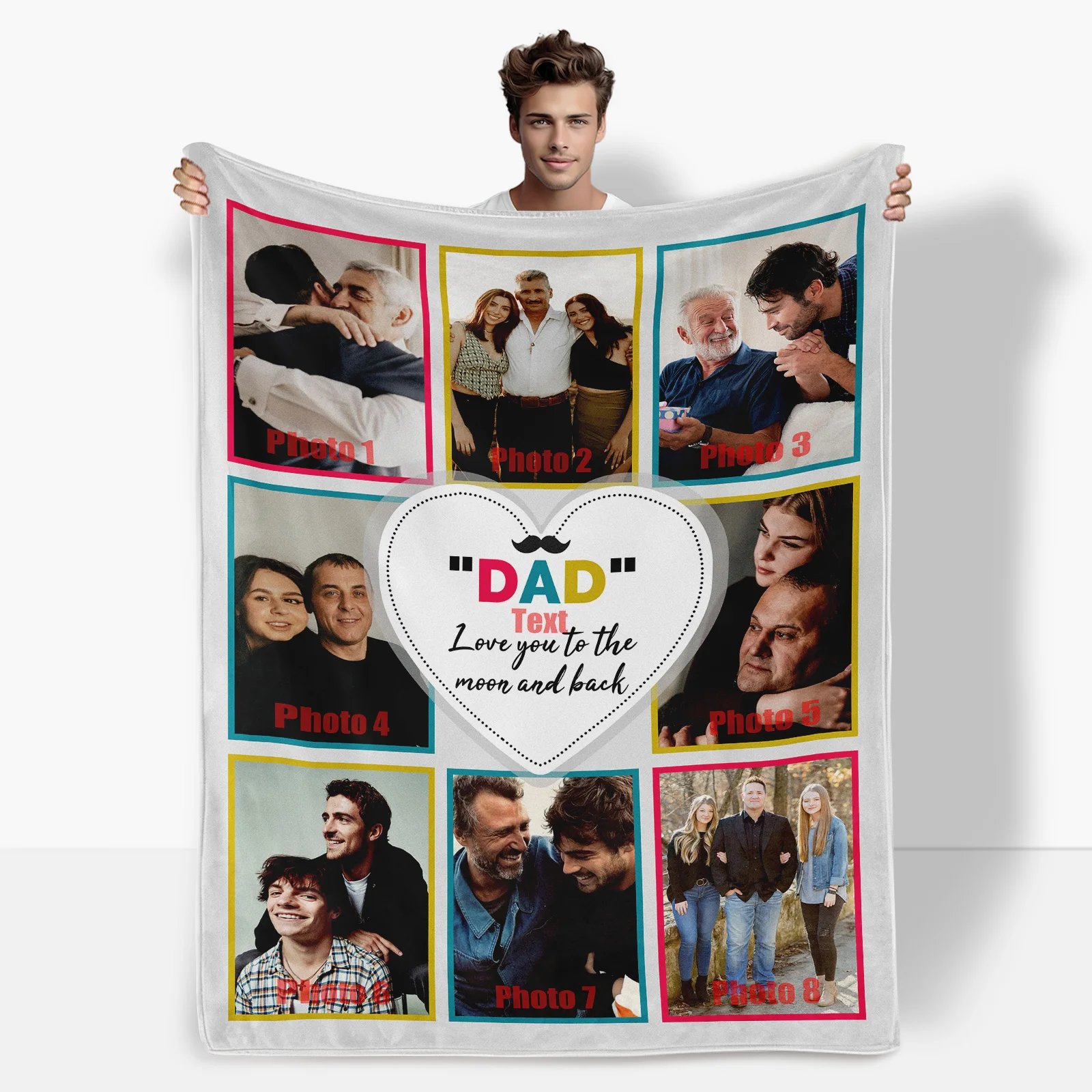 

Personalized Photo Heart Grid Themed Gift Blanket For Dad Comfortable Durable Washable Custom Design Thoughtful Present