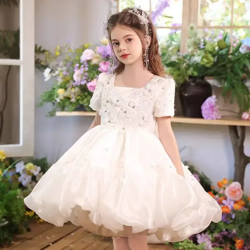 

Jill Wish Luxury White Flower Girl Dress Flowers Square Collar for Princess Wedding Birthday Pageant Communion Party Gown J547