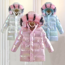 Winter Girls Shiny Hooded Down Jacket Fur Collar Windproof Coat Teenage Outerwear Kids Parka Snowsuit Clothing New 5-14 Years