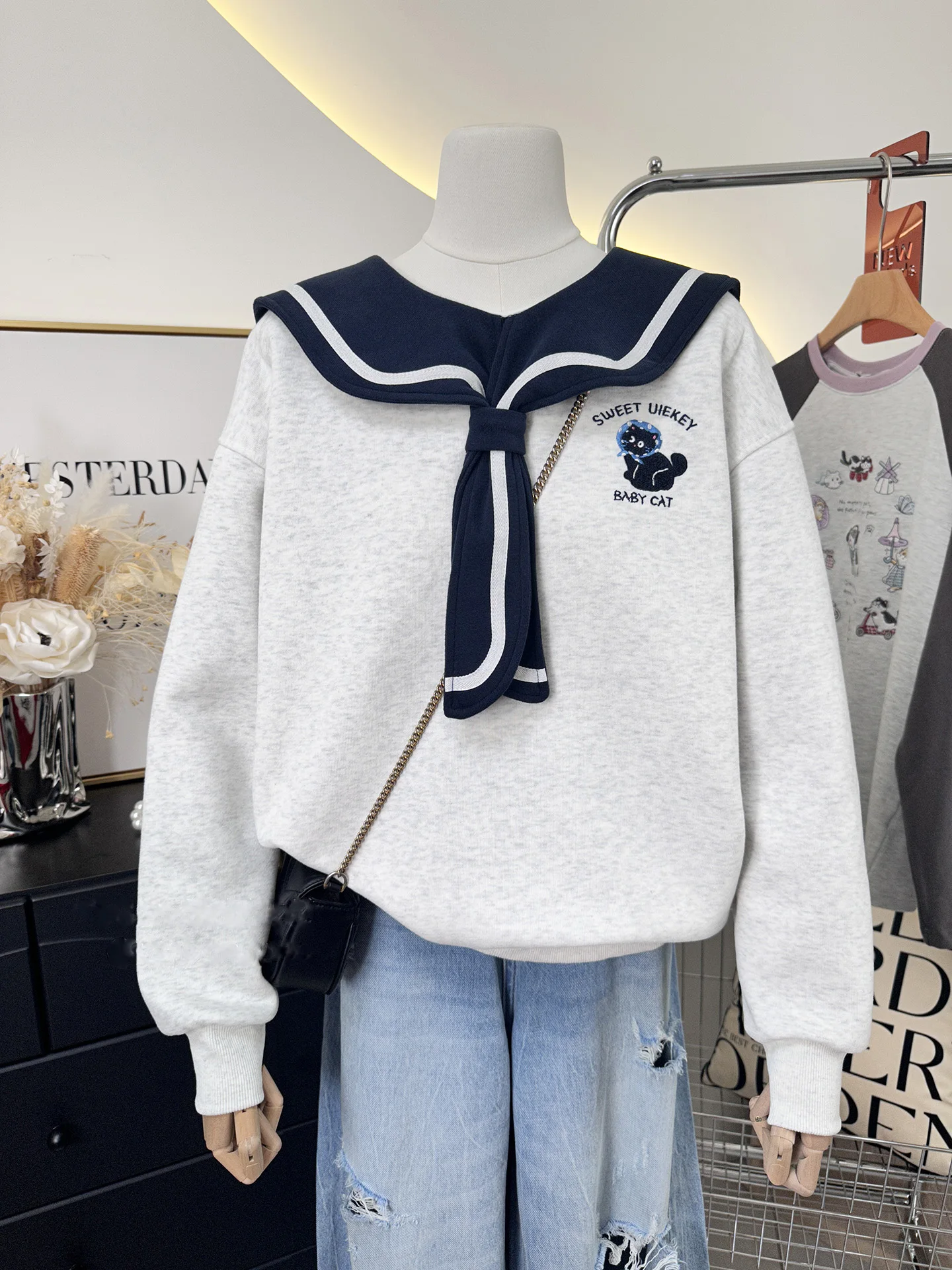 

Потрясающий темно-синий свитшот с воротником для женщин, новинка 2026 года, весна-осень, для средней и старшей школы, уникальный, высококачественный, из полиэфирного волокна, с длинным рукавом