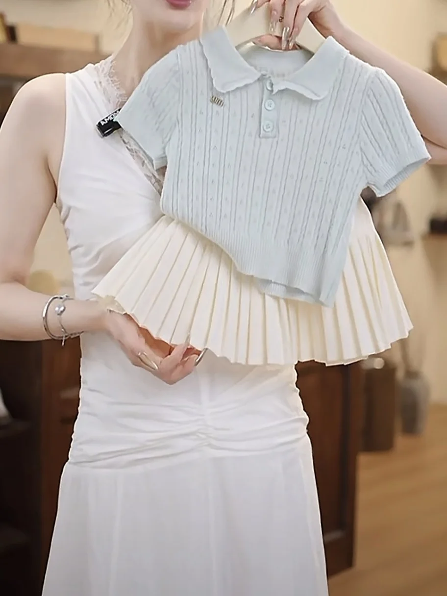 

Летняя новинка Sweet Princ Sle Blue Ice Silk для девочек, трикотажная плиссированная юбка ort Sve, комплект из двух предметов, тонкая детская одежда