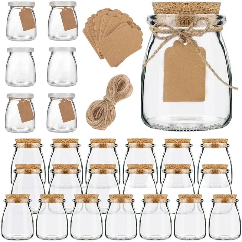 5Pcs 100/200ML Glass Storage Jars with Cork Lids Glass Containers w/ Tags and Ropes For Honey Pudding Jam DIY Candle Decorative