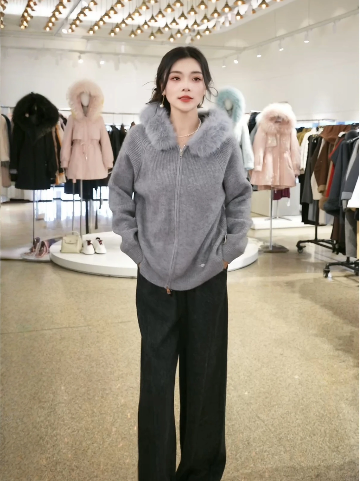 

Faionable Double Zipper Fur Collar Knitted Open Cardigan Women's Sle Autumn Winter New Arrival Simptic Commute Sle