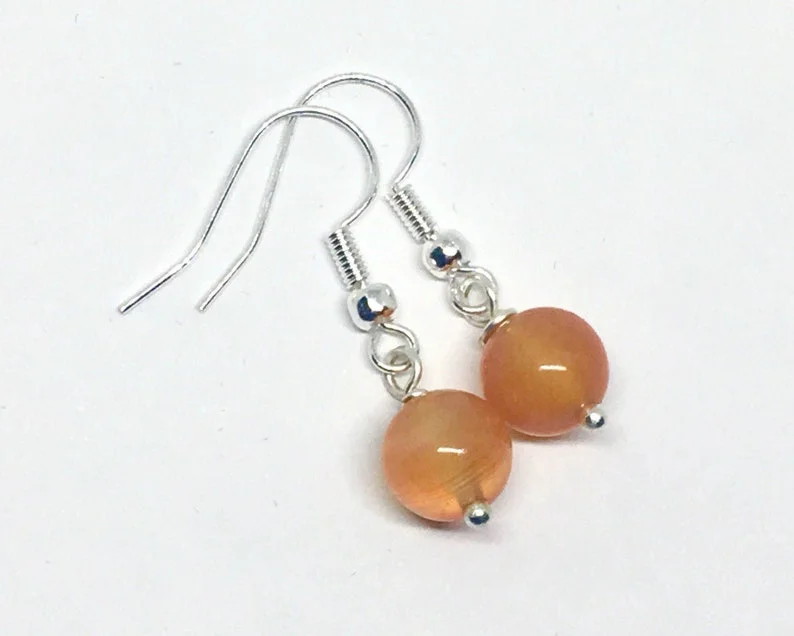 Carnelian Earrings, Orange Carnelian Gemstone Earrings, Sterling Silver Ear Wires, Orange Bead Earrings, Gift for Her, Wife Gift