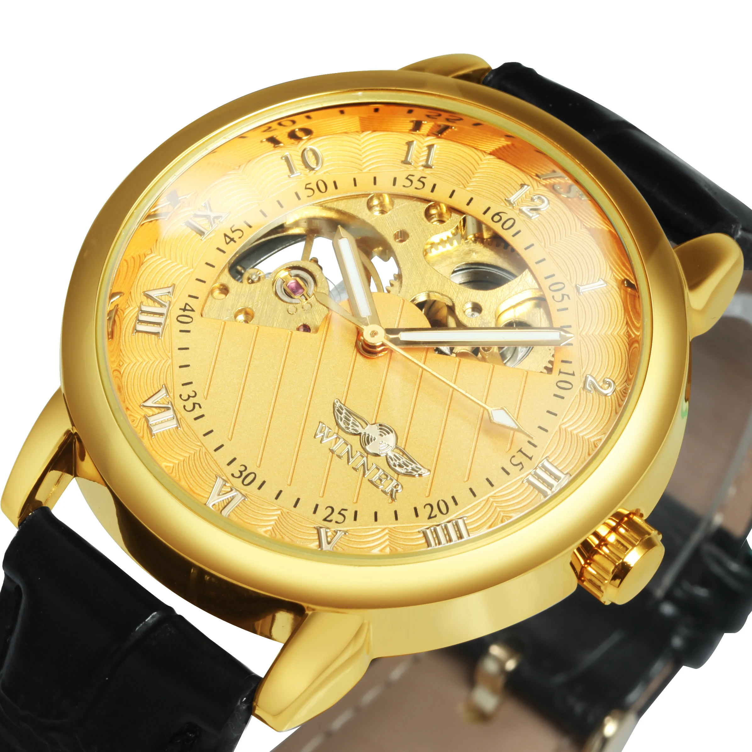 WINNER Vintage Mens Watches Top Brand Luxury Gold Skeleton Mechanical Watch Black Leather Strap Classic Wristwatches Luminous