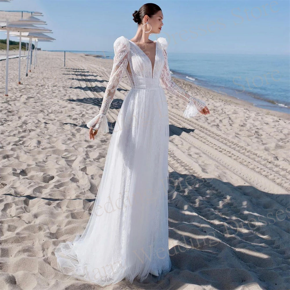 Boho Modest Popular A Line Women's Wedding Dresses Modern Lace Long Sleeve Bride Gowns Charming Deep V-Neck فساتين حفلات الزفاف