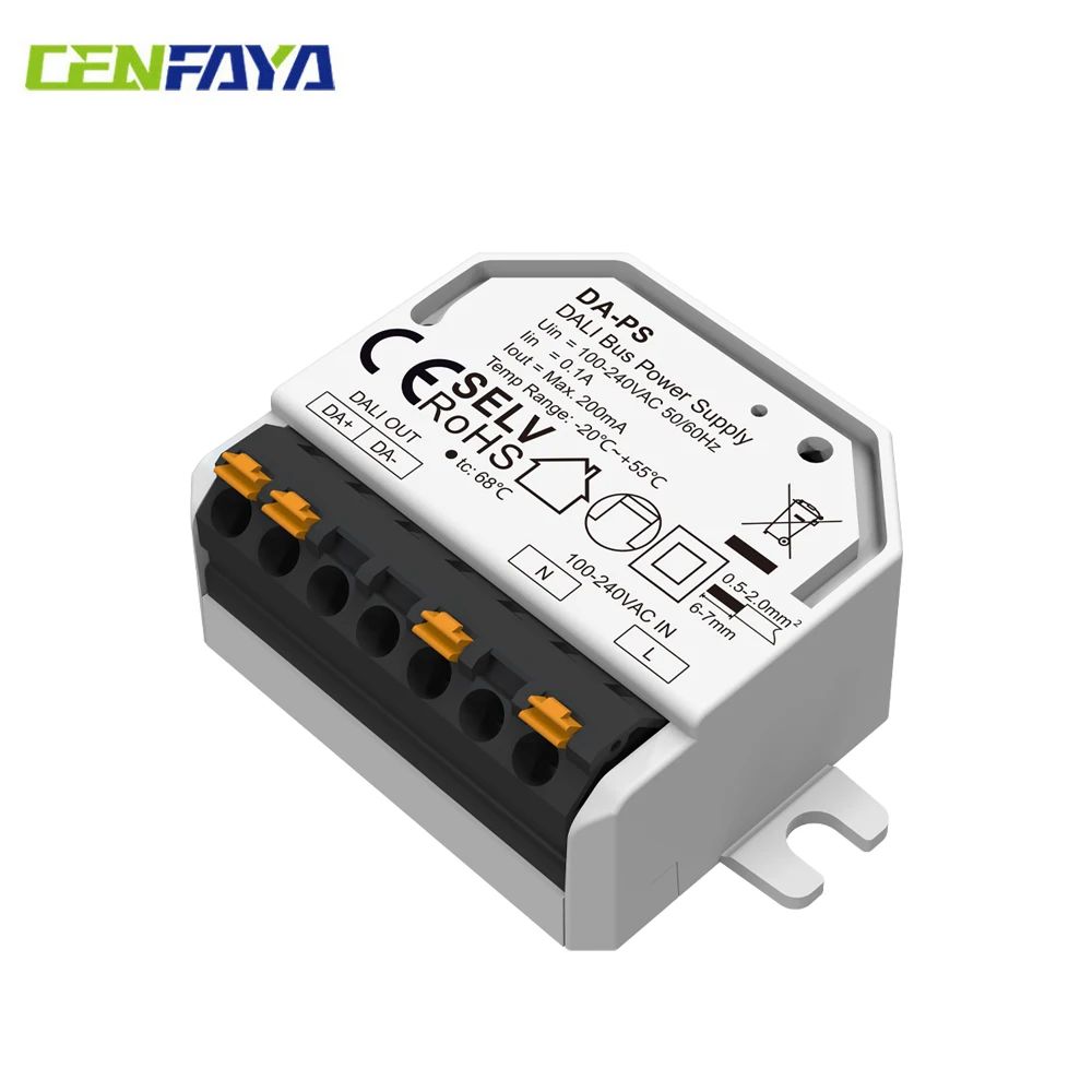 CENFAYA Mini fuente de alimentación de Bus DALI DA-PS AC110V 220V 230V corriente 200mA estándar de seguridad SELV aplicado a la fuente de alimentación de bus DALI